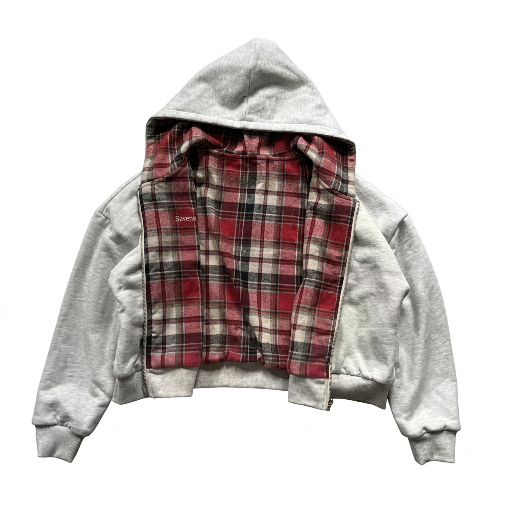 Hoodie Zippé Doublé Chemise à Carreaux Y2K